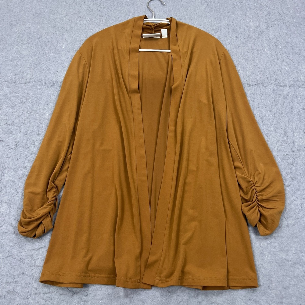 Susan Graver Liquid Knit Open Cardigan Womens Medium Brown Ruched Cuffs Stretch